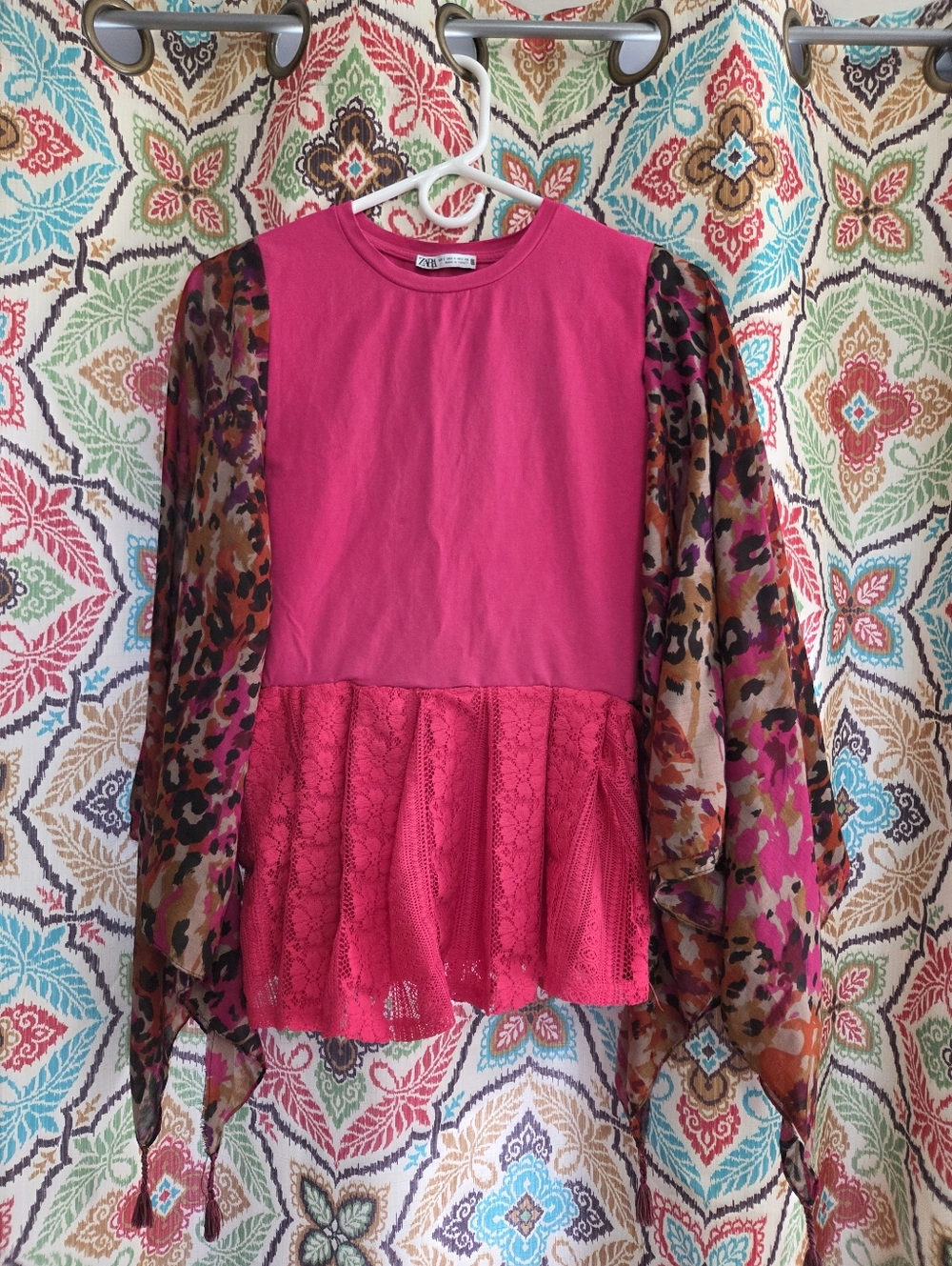 Curated Chaos By Chan - Fuchsia Peplum Top with Sheer Printed Balloon Sleeves